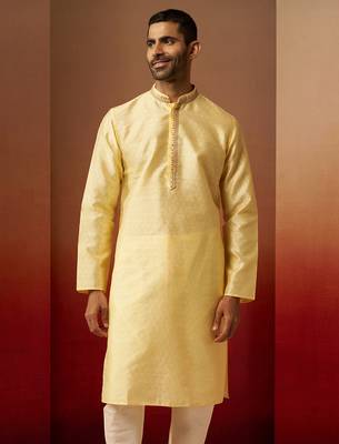 Men yellow silk anmol jacquard kurta - premium ethnic motif auspicious festive wear 4