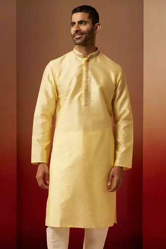 Men yellow silk anmol jacquard kurta - premium ethnic motif auspicious festive wear