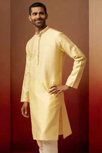 Men yellow silk anmol jacquard kurta - premium ethnic motif auspicious festive wear