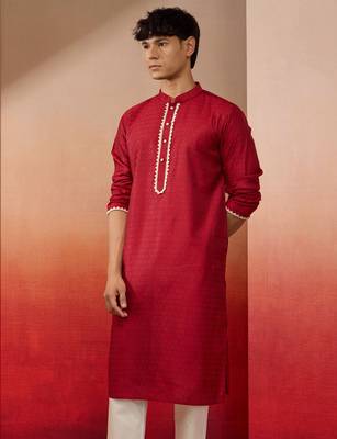 Men maroon silk jacquard kurta - premium floral pattern wedding festive wear 5