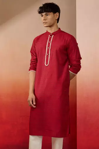 Men maroon silk jacquard kurta - premium floral pattern wedding festive wear