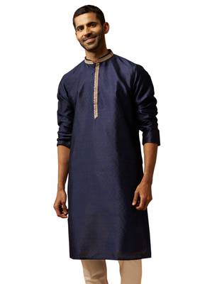 Men navy blue silk anmol jacquard kurta - premium ethnic motif traditional wear 1