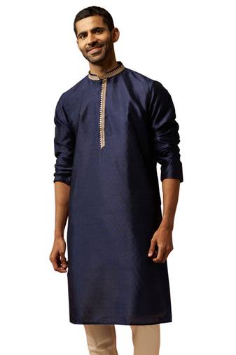 Men navy blue silk anmol jacquard kurta - premium ethnic motif traditional wear