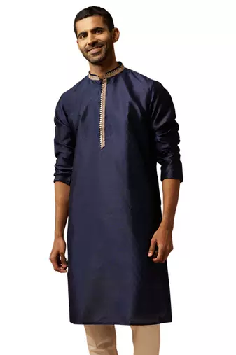 Men navy blue silk anmol jacquard kurta - premium ethnic motif traditional wear