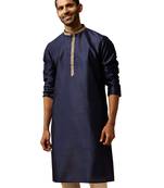 Men navy blue silk anmol jacquard kurta - premium ethnic motif traditional wear