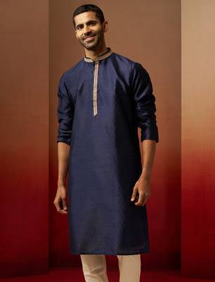 Men navy blue silk anmol jacquard kurta - premium ethnic motif traditional wear 2