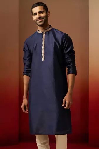 Men navy blue silk anmol jacquard kurta - premium ethnic motif traditional wear