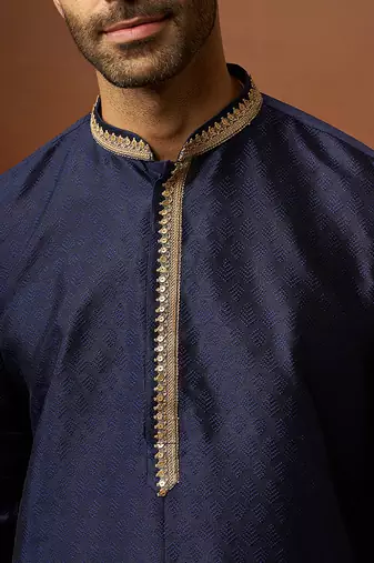 Men navy blue silk anmol jacquard kurta - premium ethnic motif traditional wear