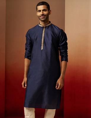 Men navy blue silk anmol jacquard kurta - premium ethnic motif traditional wear 4