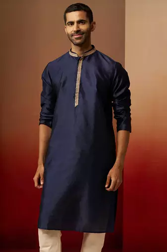 Men navy blue silk anmol jacquard kurta - premium ethnic motif traditional wear