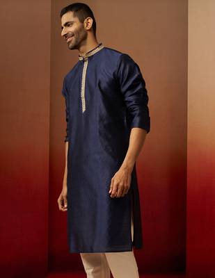 Men navy blue silk anmol jacquard kurta - premium ethnic motif traditional wear 5