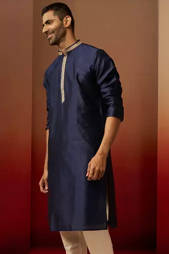 Men navy blue silk anmol jacquard kurta - premium ethnic motif traditional wear