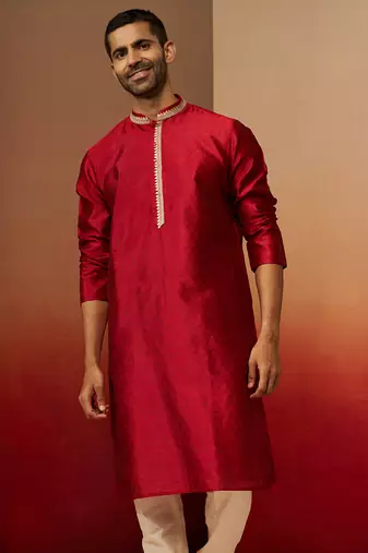 Men maroon silk anmol jacquard kurta - premium ethnic motif royal festive wear