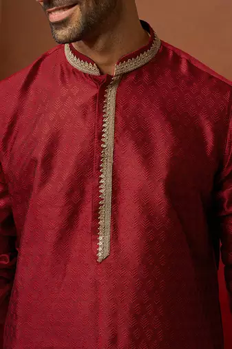 Men maroon silk anmol jacquard kurta - premium ethnic motif royal festive wear