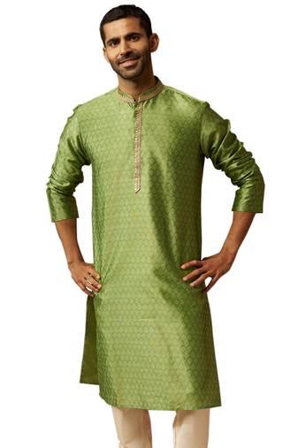 Men green silk anmol jacquard kurta - premium ethnic motif wedding festive wear