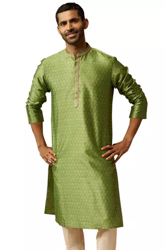 Men green silk anmol jacquard kurta - premium ethnic motif wedding festive wear