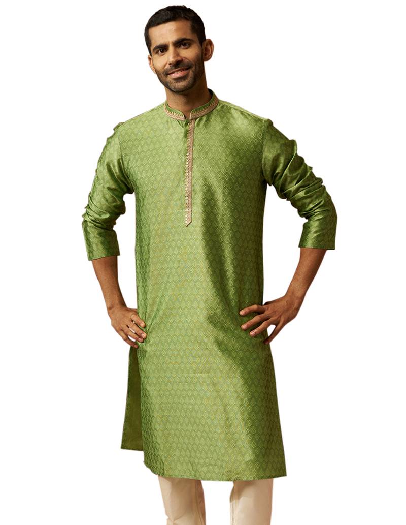 Men green silk anmol jacquard kurta - premium ethnic motif wedding festive wear