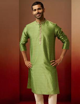 Men green silk anmol jacquard kurta - premium ethnic motif wedding festive wear 2