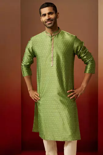 Men green silk anmol jacquard kurta - premium ethnic motif wedding festive wear