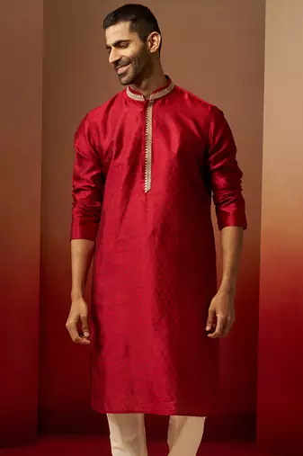 Men maroon silk anmol jacquard kurta - premium ethnic motif royal festive wear