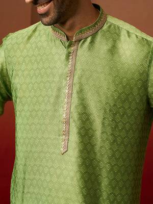 Men green silk anmol jacquard kurta - premium ethnic motif wedding festive wear 3