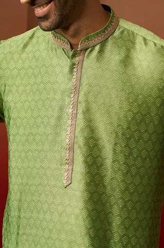 Men green silk anmol jacquard kurta - premium ethnic motif wedding festive wear