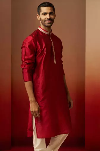 Men maroon silk anmol jacquard kurta - premium ethnic motif royal festive wear