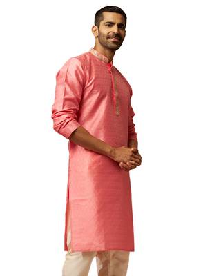Men pink silk anmol jacquard kurta - premium ethnic motif wedding festive wear 1