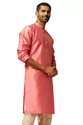 Men pink silk anmol jacquard kurta - premium ethnic motif wedding festive wear