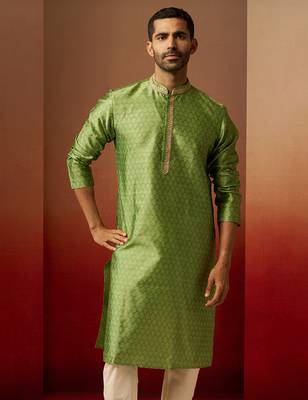 Men green silk anmol jacquard kurta - premium ethnic motif wedding festive wear 4