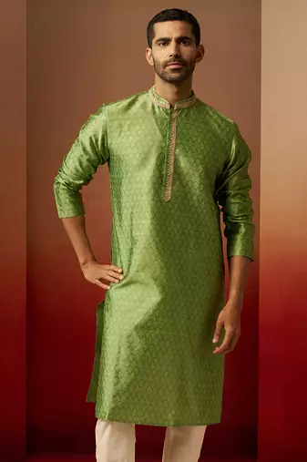 Men green silk anmol jacquard kurta - premium ethnic motif wedding festive wear