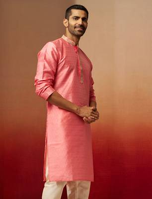 Men pink silk anmol jacquard kurta - premium ethnic motif wedding festive wear 2