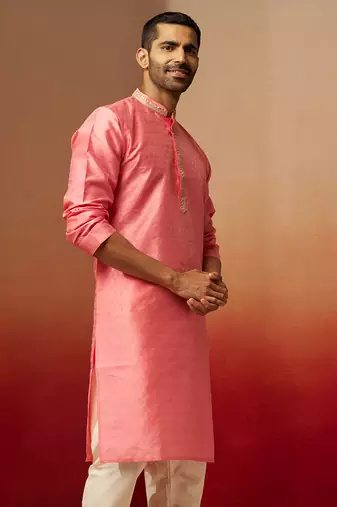 Men pink silk anmol jacquard kurta - premium ethnic motif wedding festive wear