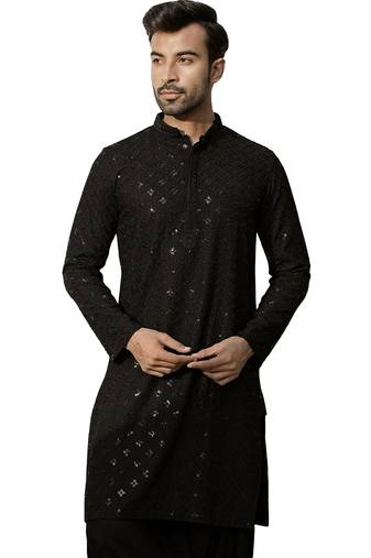 Men black rayon sequin embroidered kurta - festive wedding party wear long kurta with mandarin collar