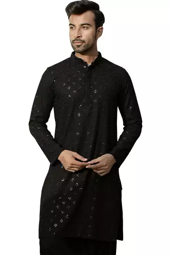 Men black rayon sequin embroidered kurta - festive wedding party wear long kurta with mandarin collar