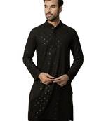 Men black rayon sequin embroidered kurta - festive wedding party wear long kurta with mandarin collar