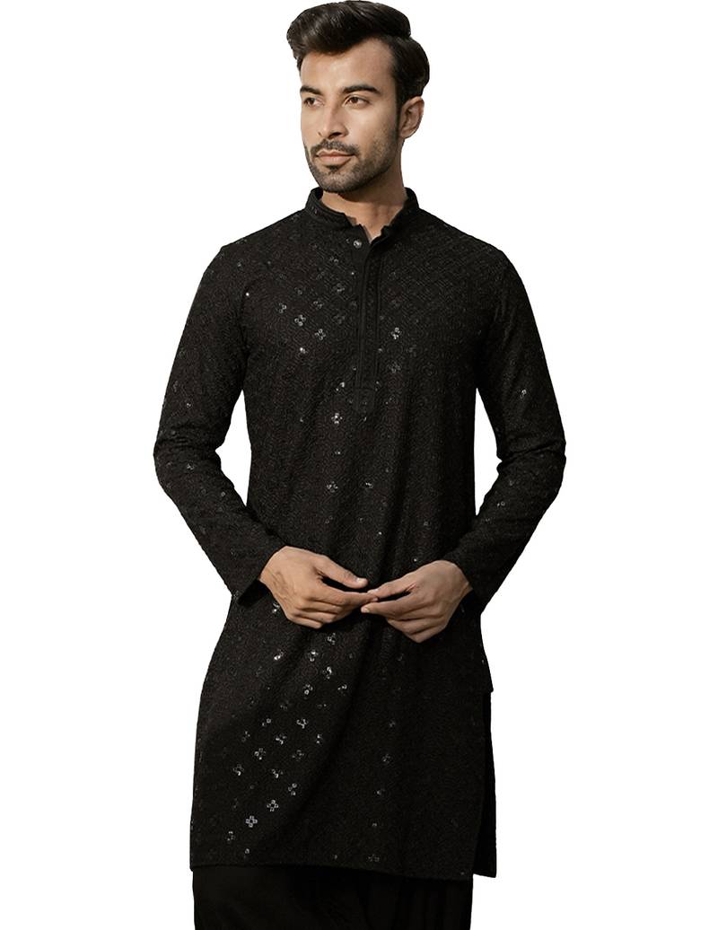 Men black rayon sequin embroidered kurta - festive wedding party wear long kurta with mandarin collar