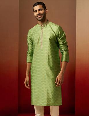 Men green silk anmol jacquard kurta - premium ethnic motif wedding festive wear 5