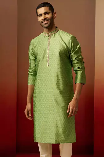 Men green silk anmol jacquard kurta - premium ethnic motif wedding festive wear