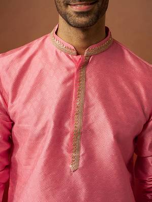 Men pink silk anmol jacquard kurta - premium ethnic motif wedding festive wear 3