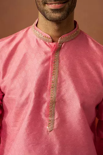 Men pink silk anmol jacquard kurta - premium ethnic motif wedding festive wear