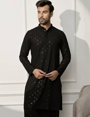 Men black rayon sequin embroidered kurta - festive wedding party wear long kurta with mandarin collar 2