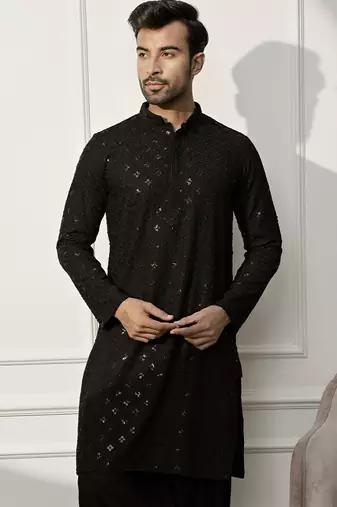 Men black rayon sequin embroidered kurta - festive wedding party wear long kurta with mandarin collar