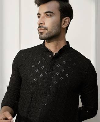 Men black rayon sequin embroidered kurta - festive wedding party wear long kurta with mandarin collar 3