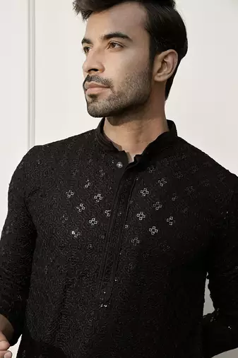 Men black rayon sequin embroidered kurta - festive wedding party wear long kurta with mandarin collar