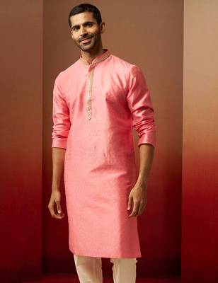 Men pink silk anmol jacquard kurta - premium ethnic motif wedding festive wear 4
