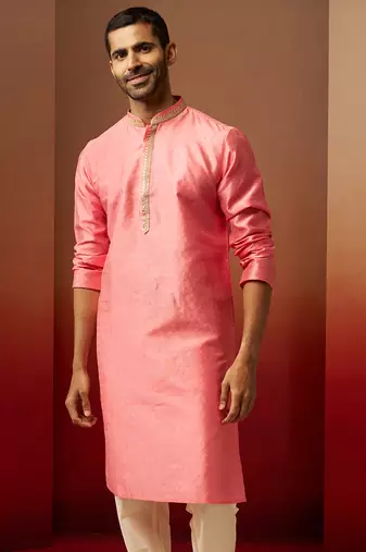 Men pink silk anmol jacquard kurta - premium ethnic motif wedding festive wear