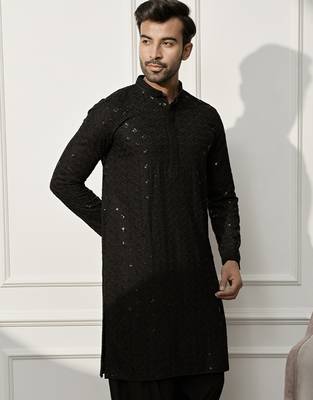 Men black rayon sequin embroidered kurta - festive wedding party wear long kurta with mandarin collar 4