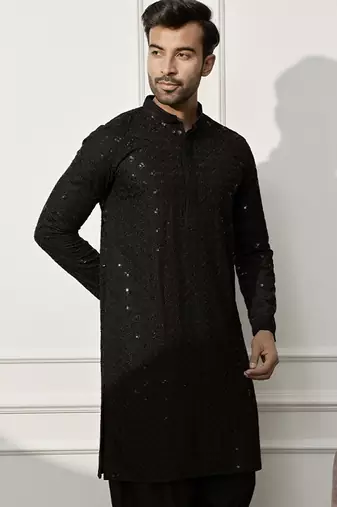 Men black rayon sequin embroidered kurta - festive wedding party wear long kurta with mandarin collar