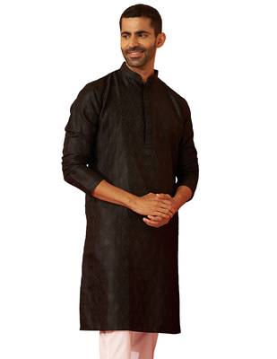 Men black silk fancy jacquard kurta - premium katan ethnic motif wedding wear 1